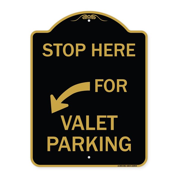 Signmission Stop Here for Valet Parking Left Arrow, Black & Gold Aluminum Sign, 18" x 24", BG-1824-22854 A-DES-BG-1824-22854 - main